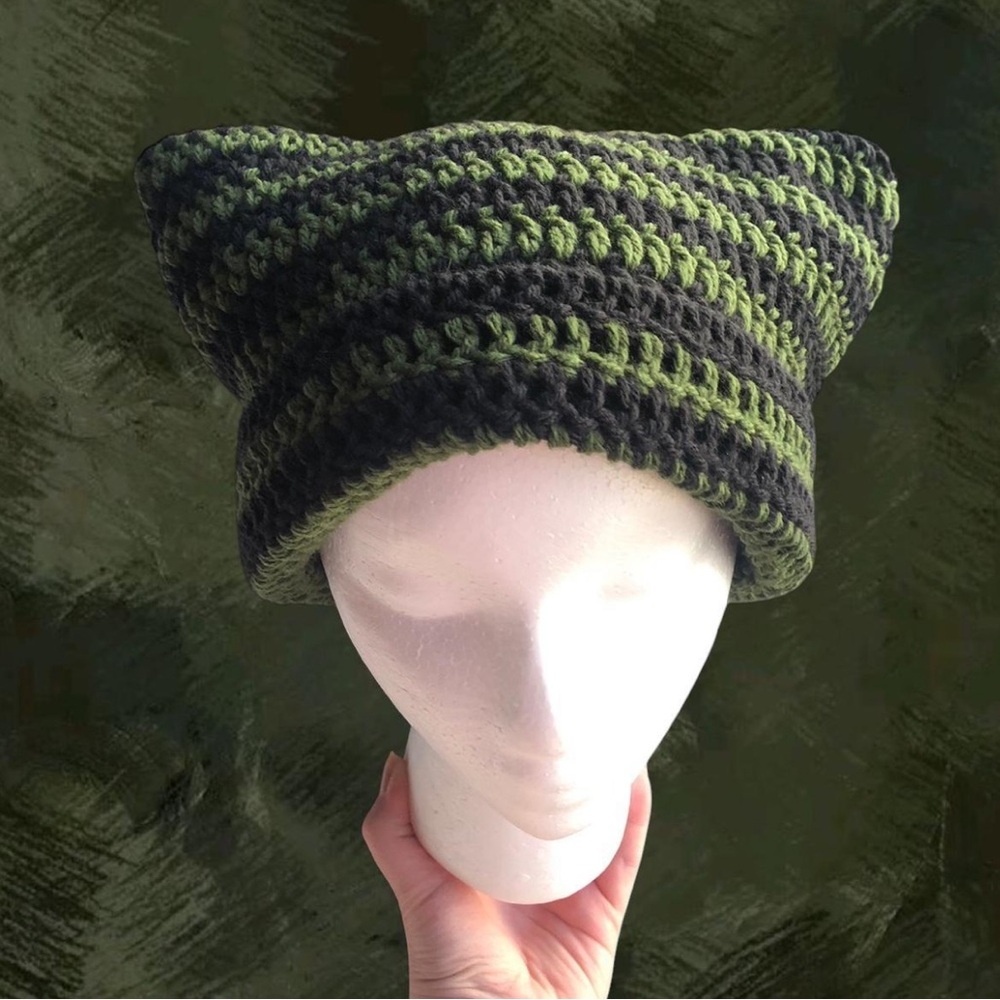 crochet black and army green striped cat ear beanie HANDMADE